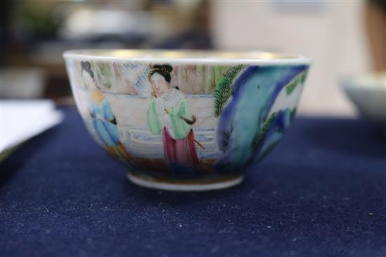 A Cantonese porcelain tea bowl and saucer, with gilt painted European monograms